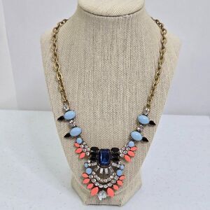 J Crew Statement Necklace Blue Pink Orange Faceted Rhinestone Big Gaudy